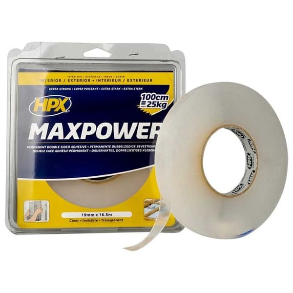 Dubbelhäftande tejp - Max Power - 19mm x 16.5m - Transparent - Stark vidhäftning - Mångsidig användning