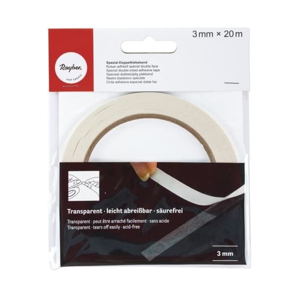 Speciell dubbelhäftande tejp, 3 mm, högtransparent, tab-bag 20m