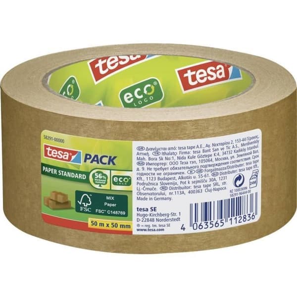Förpackningstejp - tesa - STANDARD ecoLogo® 58291 - 50 m x 50 mm - 56% biobaserade material - Naturligt klister.