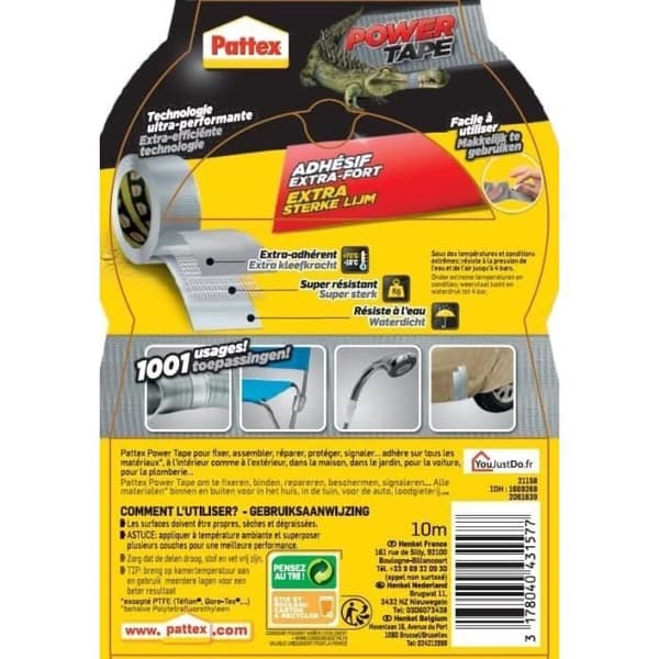 PATTEX Pattex självhäftande Power-tejp - Fodral 10m - Grå