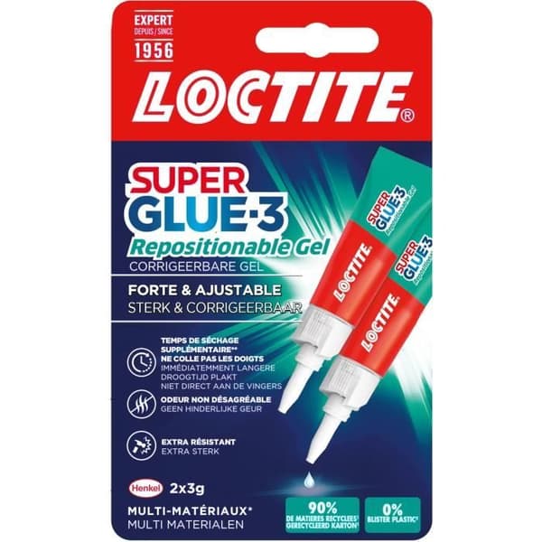 Cyanoakrylatlim - LOCTITE - SUPERGLUE-3 - Omplacerbart - Gel 3g - Set med 2 blisterförpackningar - Förpackning 12uc