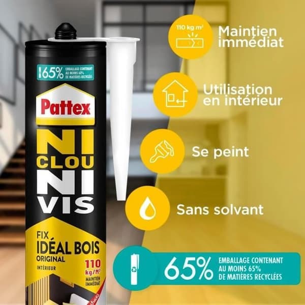 PATTEX Ingen søm eller skruer Ideal Wood Fix - Pakke med 2 stk. 380 g patroner + 1 gratis