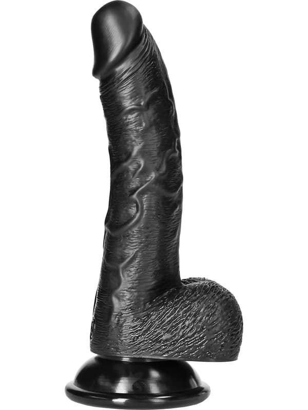 RealRock: Curved Realistic Dildo with Balls, 18 cm Svart