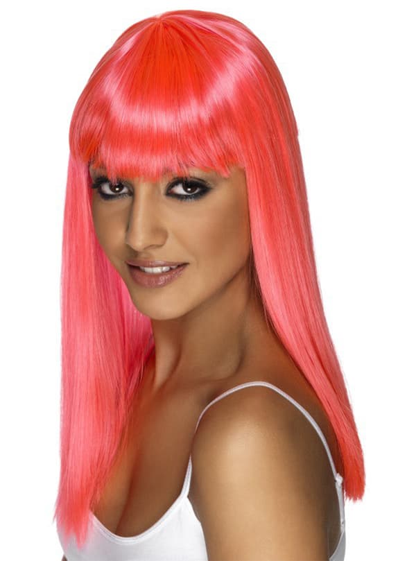 Glamour Peruk med lugg Neonrosa