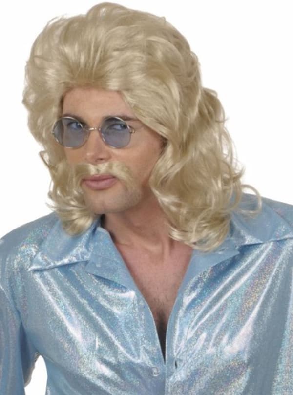 Blond peruk och mustach från sjuttiotalet