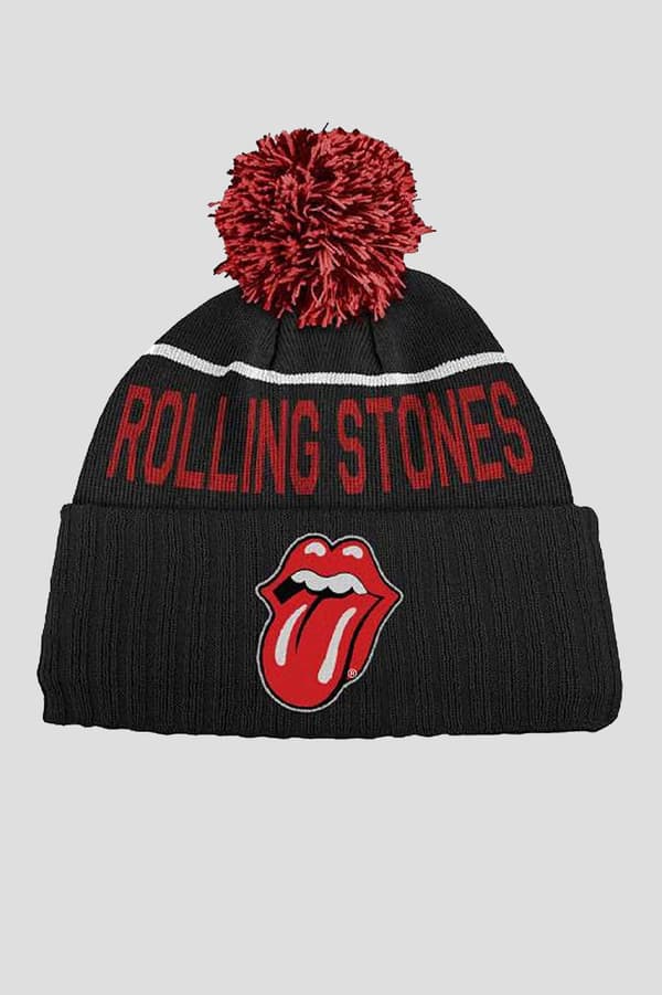 Rolling Stones Bobble Beanie Hat Classic Tongue Band Logo Official Black One Size