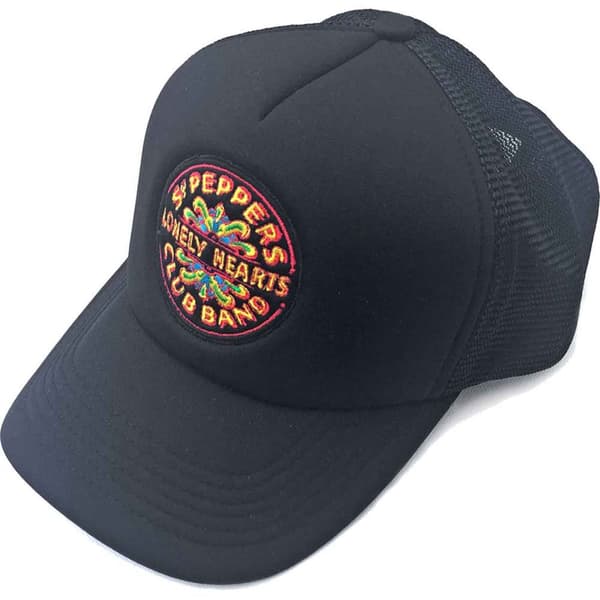 The Beatles Baseball Cap Sgt Pepper Drum Logo Official Black Mesh Trucker Taglia unica
