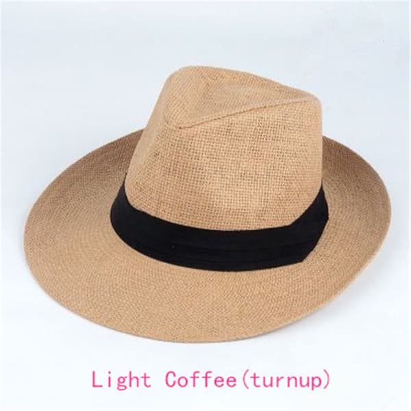 Unisex-muoti Summer Beach Fedora Wide Brim Trilby Straw Bucket Sun Hat Cap (Turnup)