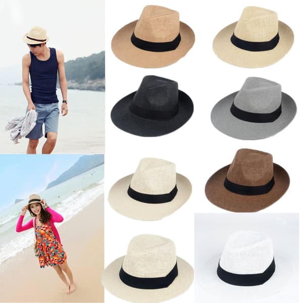 Unisex-mode Summer Beach Fedora Bred brätte Trilby Straw Bucket Sun Hat Cap (Turnup)