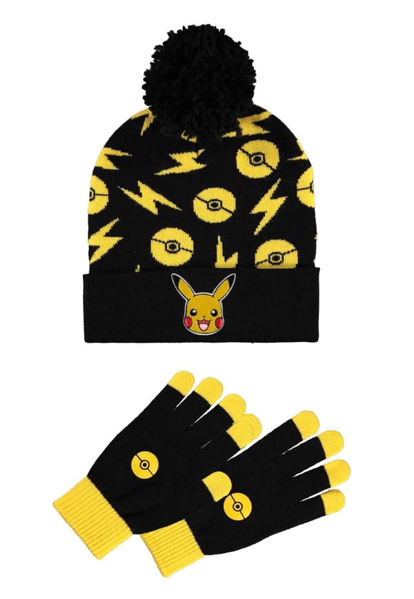 Pokemon Beanie and Knitted Gloves Pikachu print Official Black Gift Set One Size