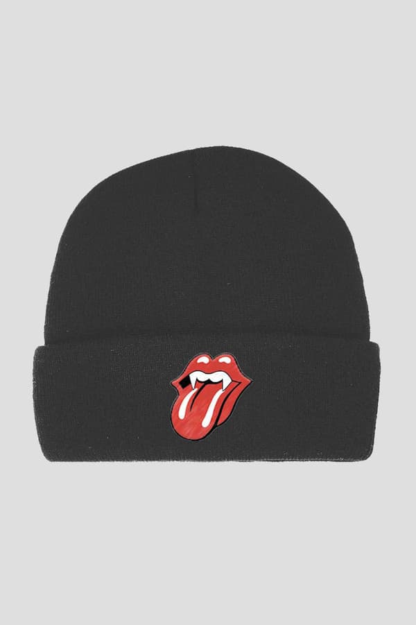 The Rolling Stones Beanie Hat Fang Tongue Band Logo Official Black Unisex One Size