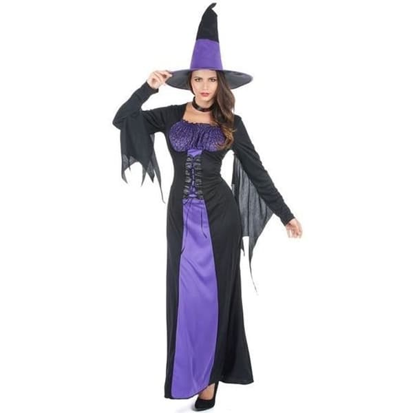 Halloween Witch Woman Costume - One Size - Lång klänning och spetsig hatt - 100 % polyester - Svart