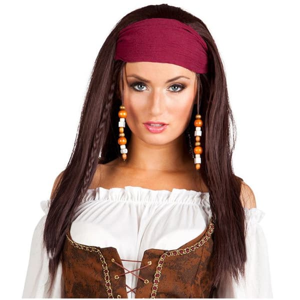 Piratperuk för kvinnor - Kostymaccessoar - Brun - Vinröd bandana och pärlor