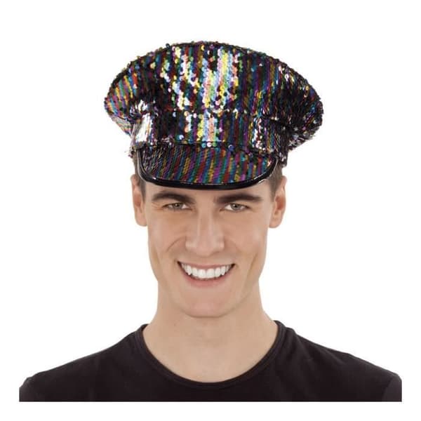 Svart poliskeps med regnbågspaljetter