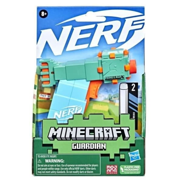 Hasbro NERF MicroShots Minecraft Guardian Mini Blaster, Minecraft Guardian Mob Design, inkluderar 2 officiella pilar