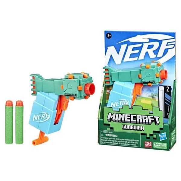 Hasbro NERF MicroShots Minecraft Guardian Mini Blaster, Minecraft Guardian Mob Design, inkluderar 2 officiella pilar