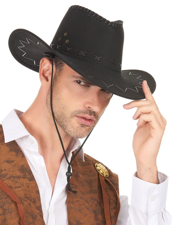 Sort cowboyhat med læderlook til voksne.Size-One size