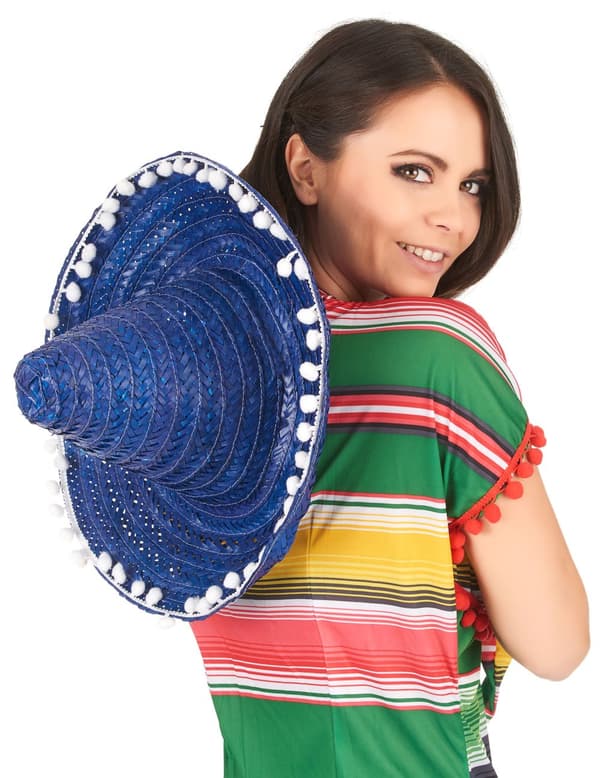 Blå sombrero med pomponer til voksne.Size-One size