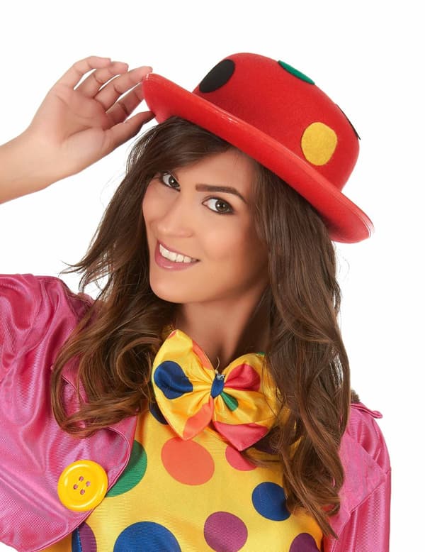 Klovneprikket rød bowlerhat til voksne.Size-One size