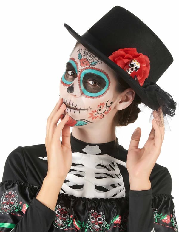 Dia de los muertos musta kallo punaisella kukalla aikuisille.Size-One size