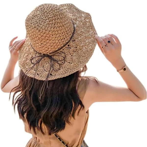 Dam sommar solskydd hatt, bred skärm, vikbar strandhatt med vågkant, handgjord UV-skydd, solhatt för stranden