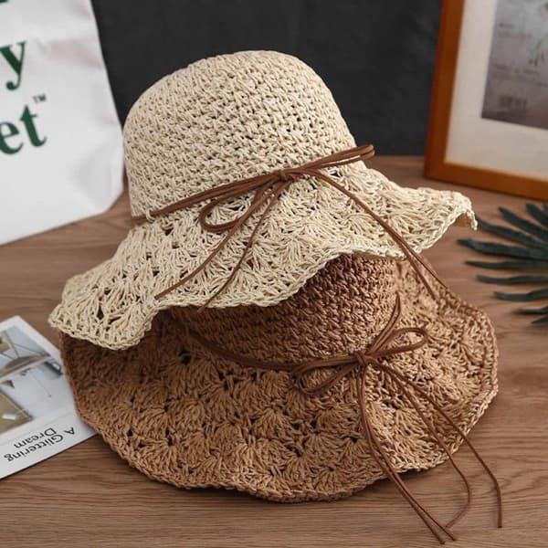 Dam sommar solskydd hatt, bred skärm, vikbar strandhatt med vågkant, handgjord UV-skydd, solhatt för stranden