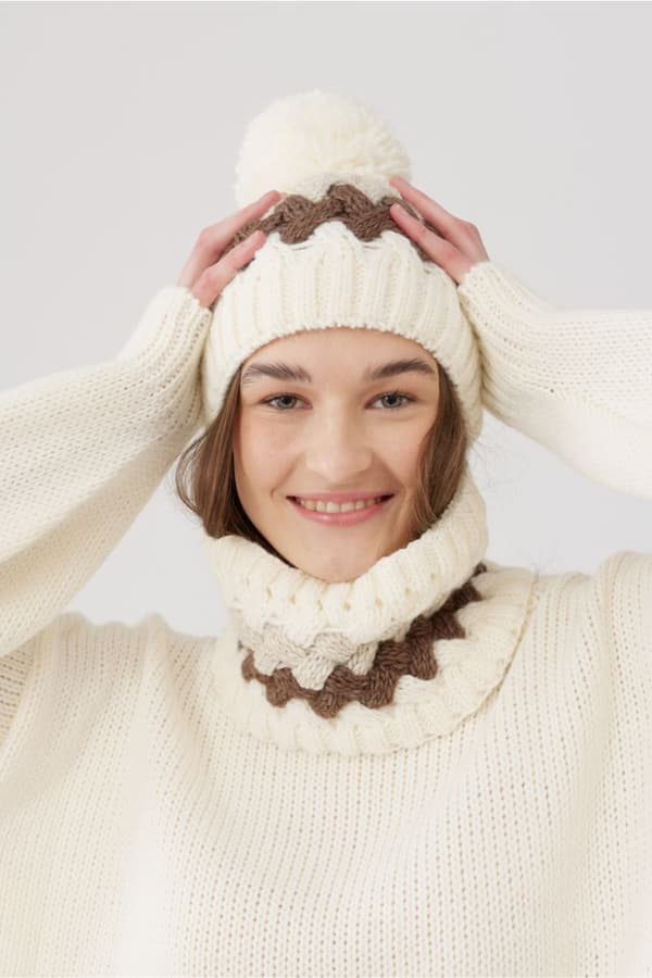 Hattu setti huivilla TRICOLOR BEIGE ECRU