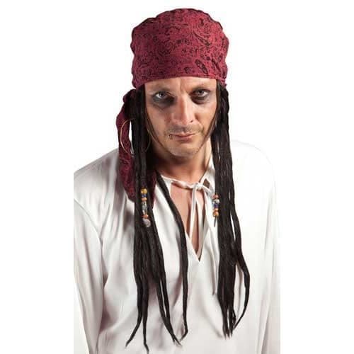 Perruk Pirat Man PTIT CLOWN - Modell Pirat med Dreadlocks och Scarf - Röd och Svart