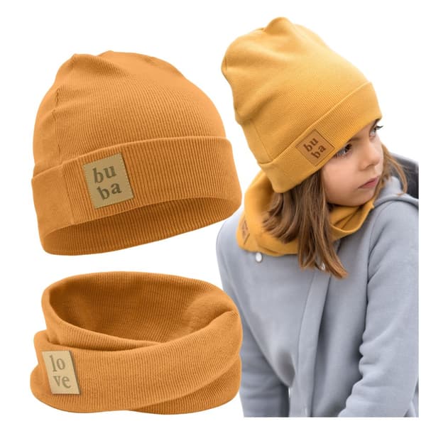 Tyttöjen kevätpipo huivilla COTTON raidallinen beige 36-40 cm