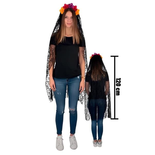 Huvudbonad - Hårband med flerfärgade blommor och 120 cm slöja - Svart
