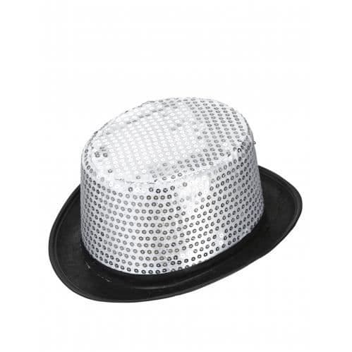 Silver cylinder hat with black sequin trim adult