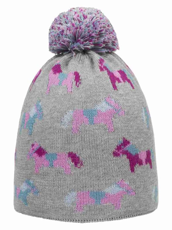 Flickahatt, grå, hästsvansar med Döll-pompom