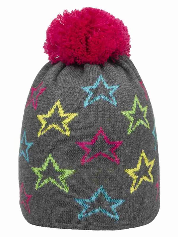 Flickahatt, grå, stjärnor, pompom, Döll