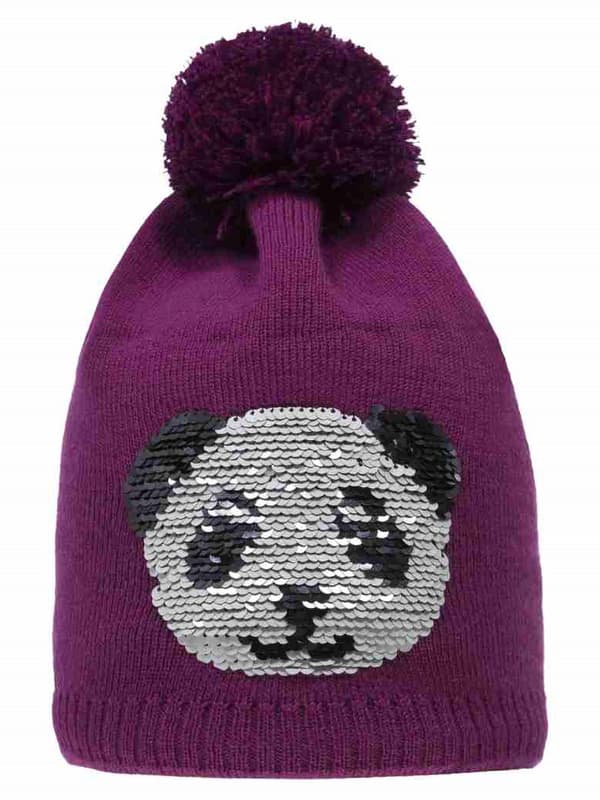 Flickmössa med pompom, lila, panda, dubbelsidiga paljetter, Döll