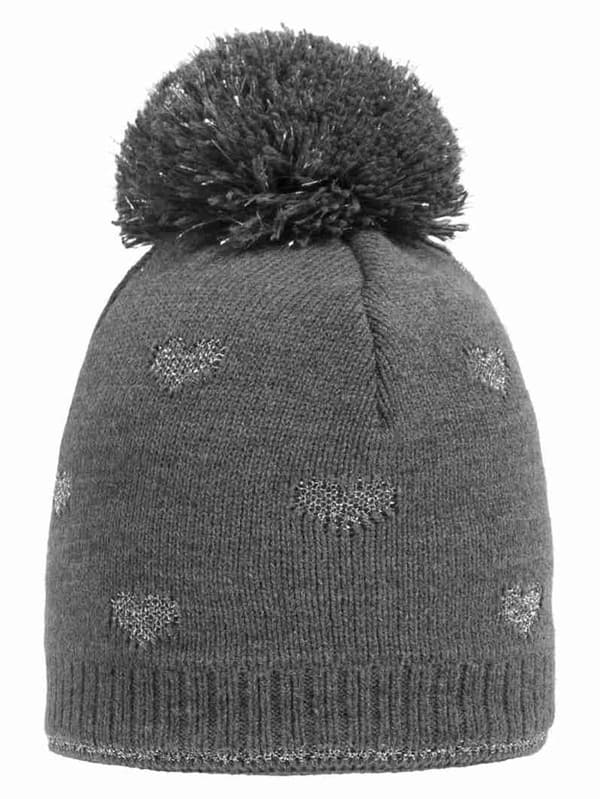 Flickmössa med pompom, grå, hjärtan, Döll