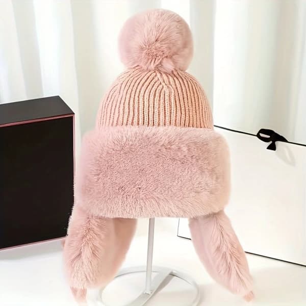 Strikket Øreklap Hat, Vindafvisende Design, Pom Pom Funktion,Lyserød, One Size Passer Alle