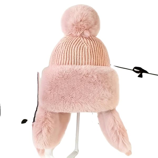 Strikket Øreklap Hat, Vindafvisende Design, Pom Pom Funktion,Lyserød, One Size Passer Alle