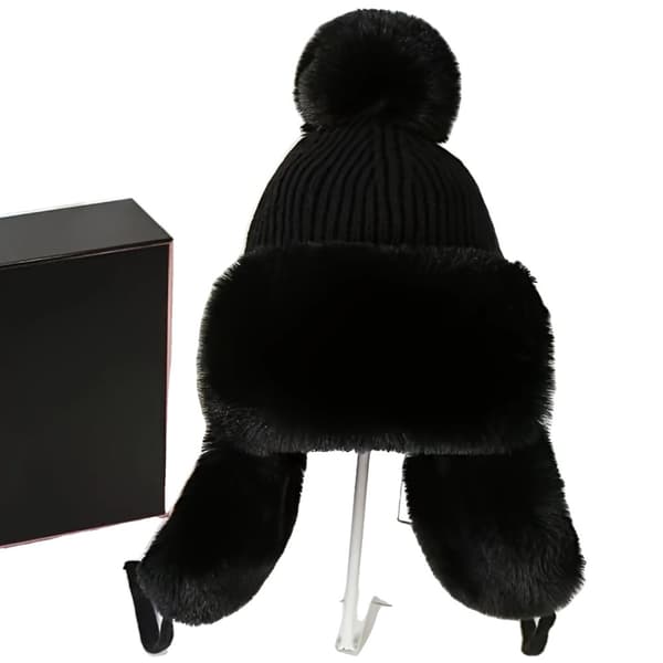 Stickad öronlapphatt, vindskyddande design, pom-pom-funktion,Svart, En storlek passar alla