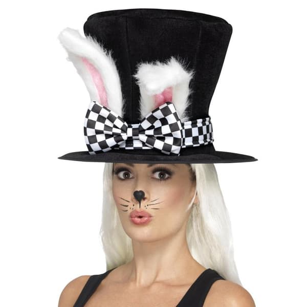 "Tea Party Mars Hare Top Hat svart och vitt med utsvängda kaninöron"