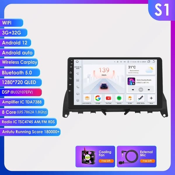 Auton multimediasoitin, Android 12, GPS-navigointi, S4-4G 32G-8cores-4G