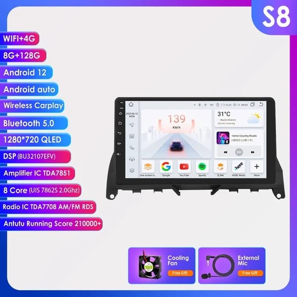Auton multimediasoitin, Android 12, GPS-navigointi, S4-4G 32G-8cores-4G