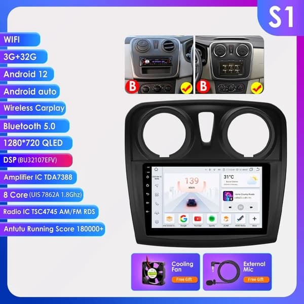 Bilradio, Android 12, CarPlay, S1-3G 32G-8cores-A