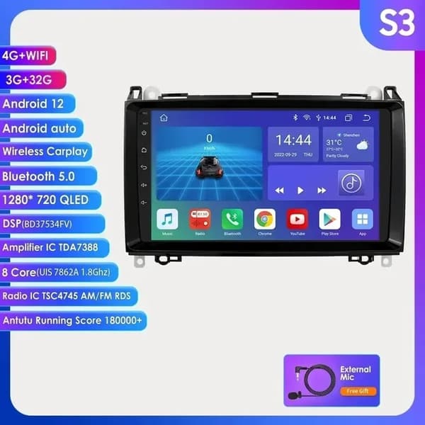 Bil Multimedieafspiller, Navigation GPS, Android 12, S3