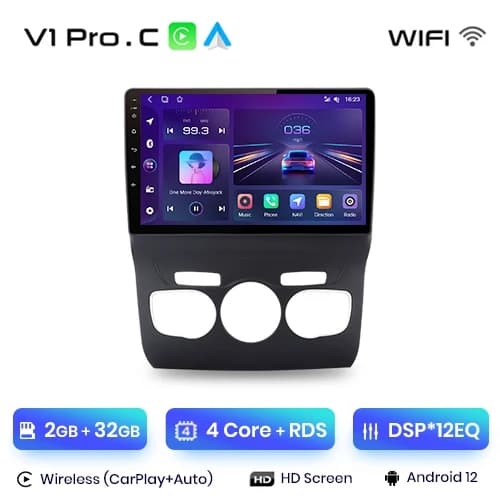 Bilradio til Citroen C4 2 B7, Trådløs CarPlay & Android Auto, 2 Din Størrelse, V1 Pro (2GB-32GB)