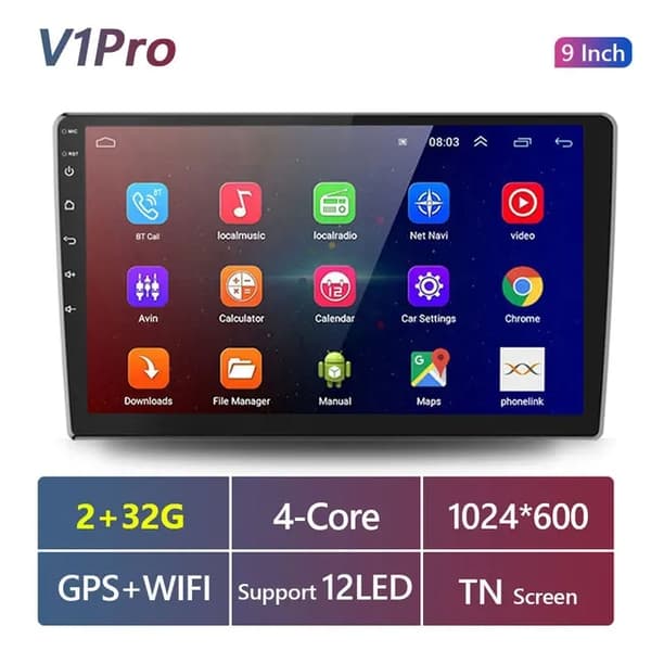 Bilstereo-mottagare, Android 100, GPS-navigation, 9 tum 1 32 GB