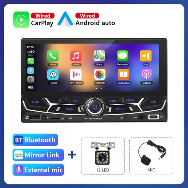 Carplay MP5-soitin, Bluetooth/FM-radiovastaanotin, Mirror Link -taajuuskorjainradio, Langaton Carplay-kamera