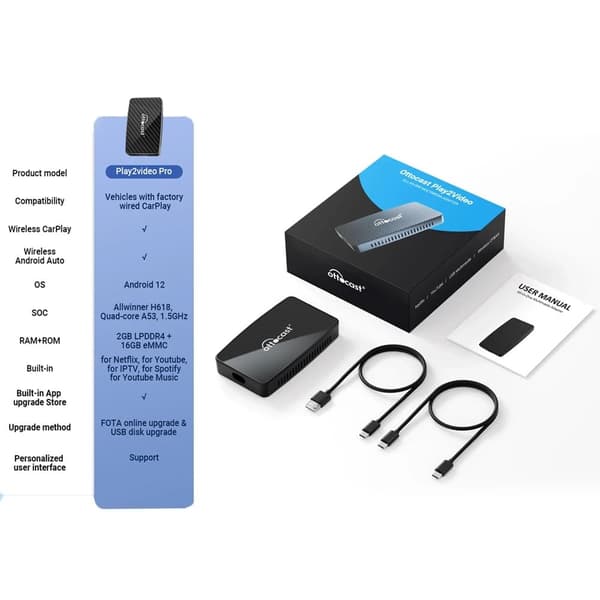 Ottocast Play2Video PRO trådløs adapter Android Auto / Apple CarPlay Netflix YouTube