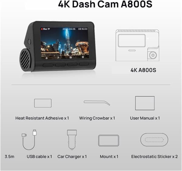 70mai Dash CAM A800S har en indbygget 140FOV i bil DVR A800S med 24-timers parkeringsovervågning med SD-kort 124 GB