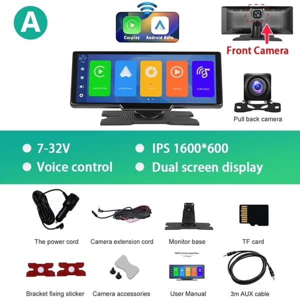 Dash Cam, takakamera, Carplay ja Android Auto, Etukamera