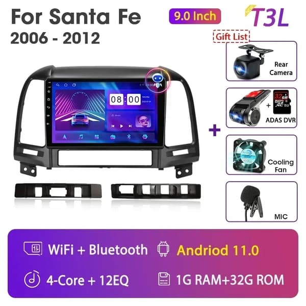 Hyundai Santa Fe 2 Android bilradio, GPS-navigation, multimediaspelare för video, T3L Max-MIC-3-FS